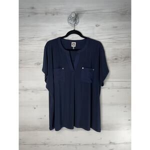 Anne Klein Shirt Womens 2X Navy Split Neck Short Sleeve Pockets Stretch Plus